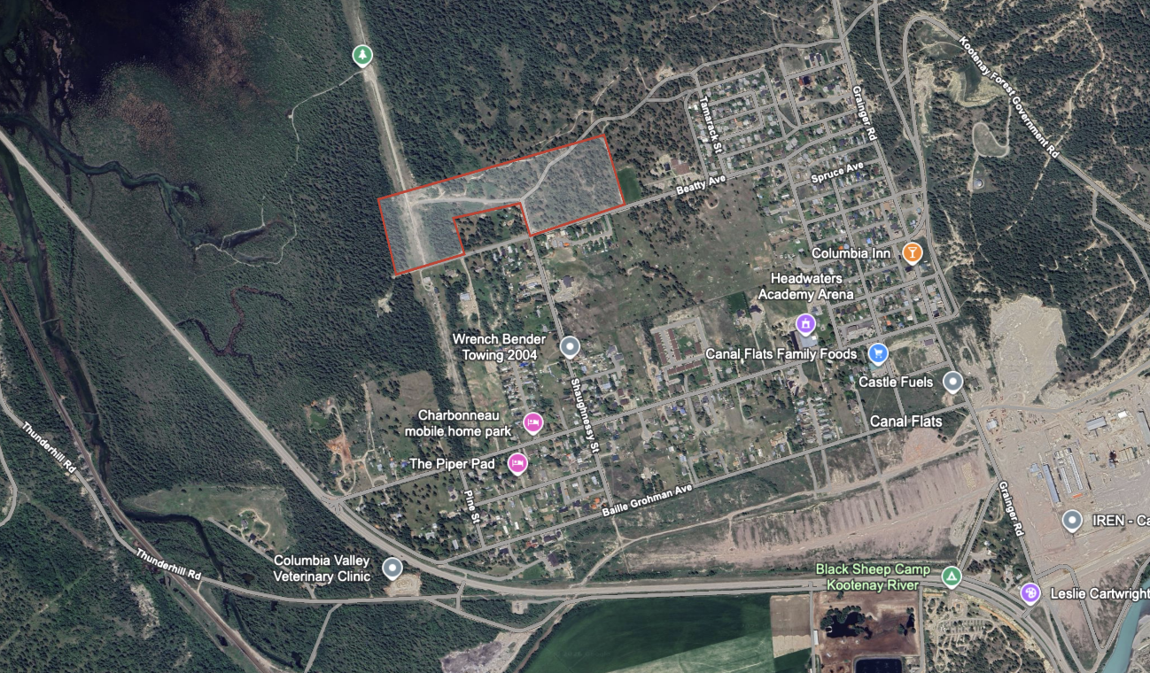 Aerial map showing the Flats Ranch site outline in Canal Flats